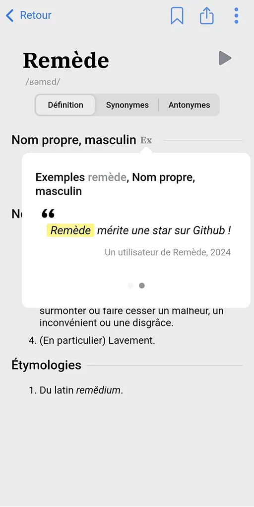 Screenshot of the definition page, and the example usages.