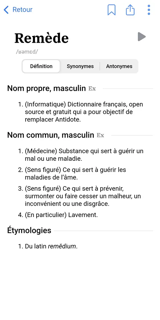 Screenshot of the definition page